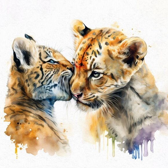 8x10 Baby Tigers Playing Watercolor Oil Painting Print - Tiger Cubs Art - Picture 3 of 5